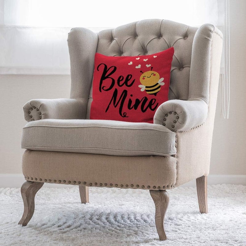 Moslion Love Bee Pillow Cover Cute Cartoon Animal with Quote Bee Mine Heart for Valentine's Day Throw Pillow Cover 18x18 Inch Cotton Linen Decorative Square Cushion for Sofa Bed Red - Image 5